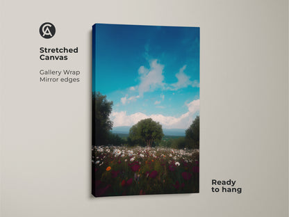 Boho landscape canvas featuring a sky blue nature print. The deep green floral art has a painterly mountain view. This stretched canvas is ready to hang. Gallery wrapped with mirrored edges for a clean look