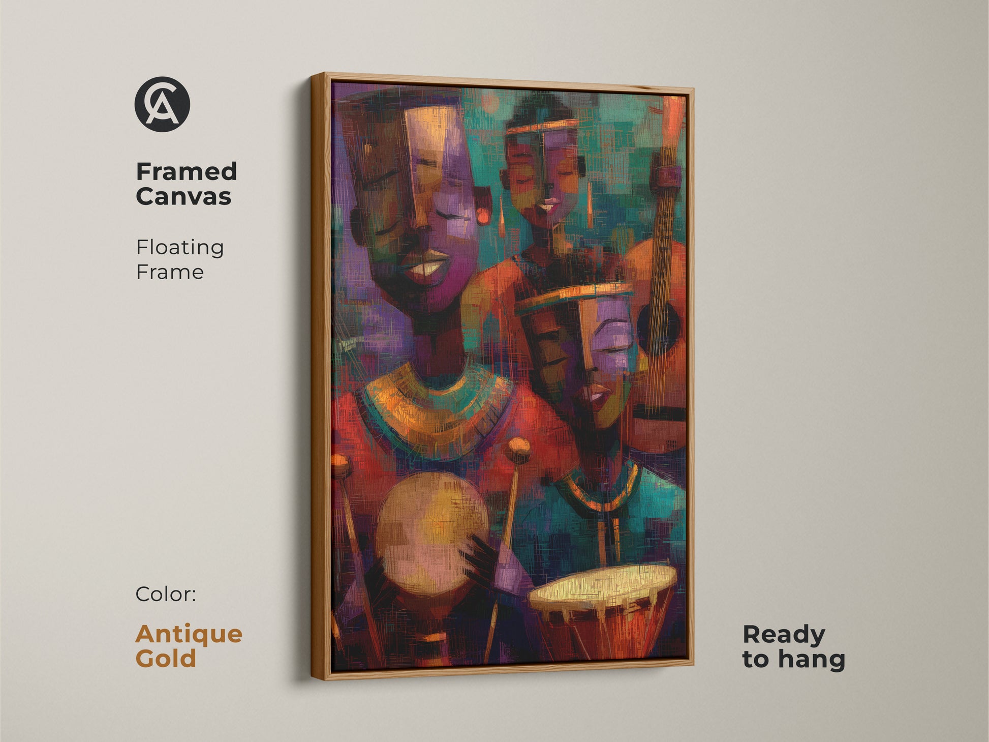 Framed canvas with an antique gold floating frame. Tribal musicians artwork with abstract expressionism in deep purple orange and teal hues. This eclectic home decor is ready to hang. A unique music gift for any occasion. This canvas print brings a dynamic and cultural touch to your space.