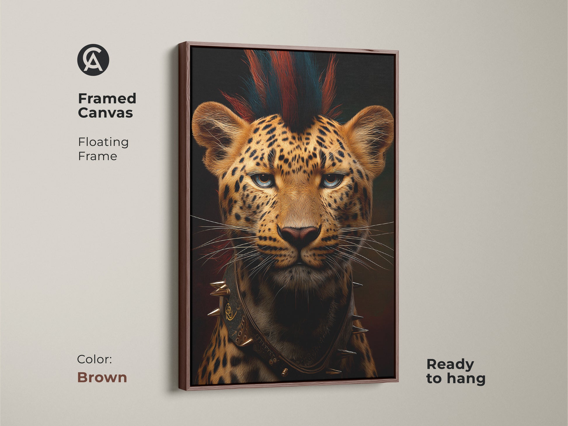 Framed canvas featuring the punk rock leopard art with a brown floating frame ready to hang. This wildlife portrait canvas adds a gothic touch to any space. It is a unique animal lover gift perfect as office decor. Showcasing the striking orange and brown tones of this eclectic animal artwork.