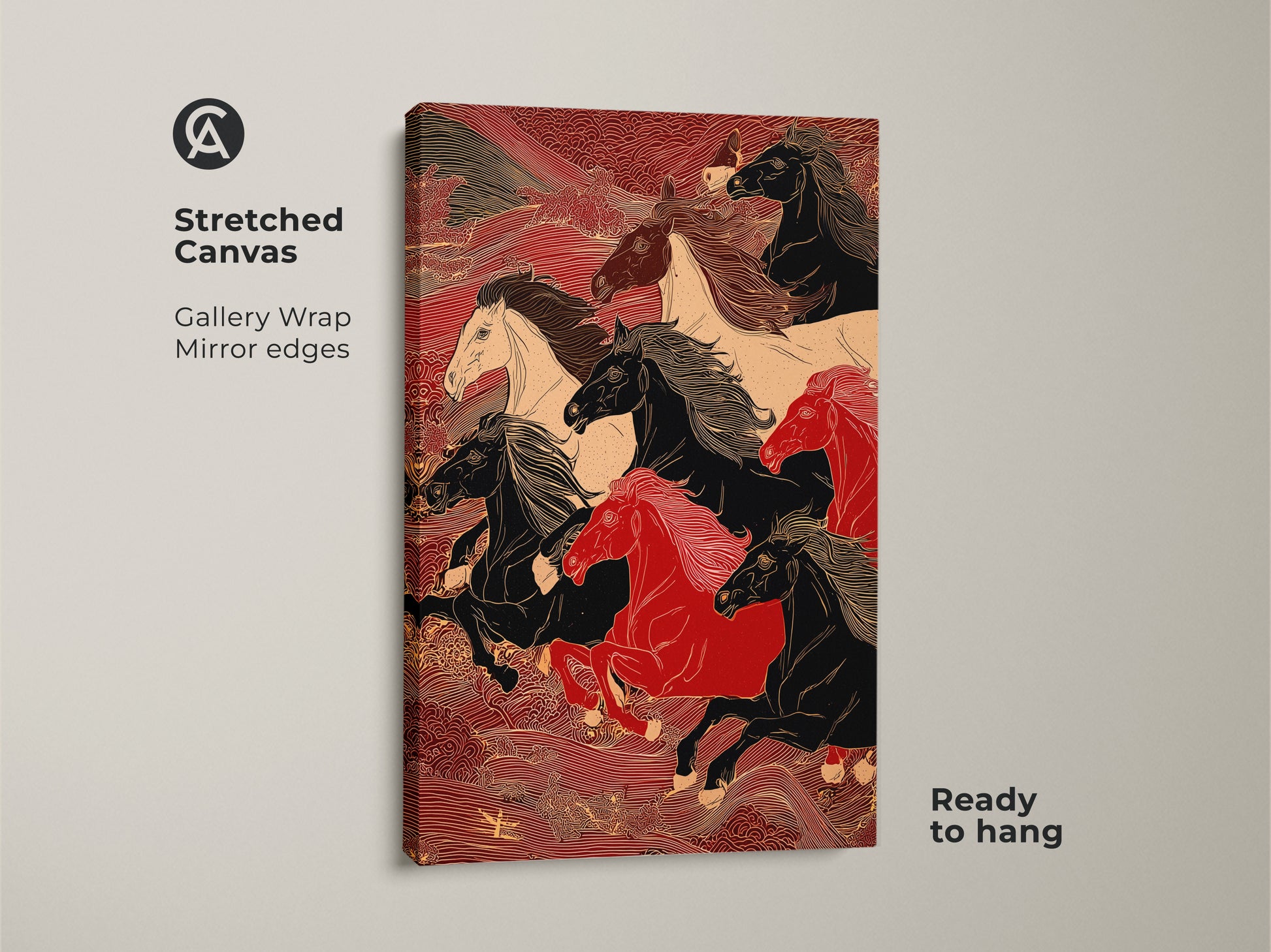 A gallery wrapped canvas print featuring running horses. The canvas has mirrored edges and is ready to hang. The horses are black red and white. This is perfect for home decor.
