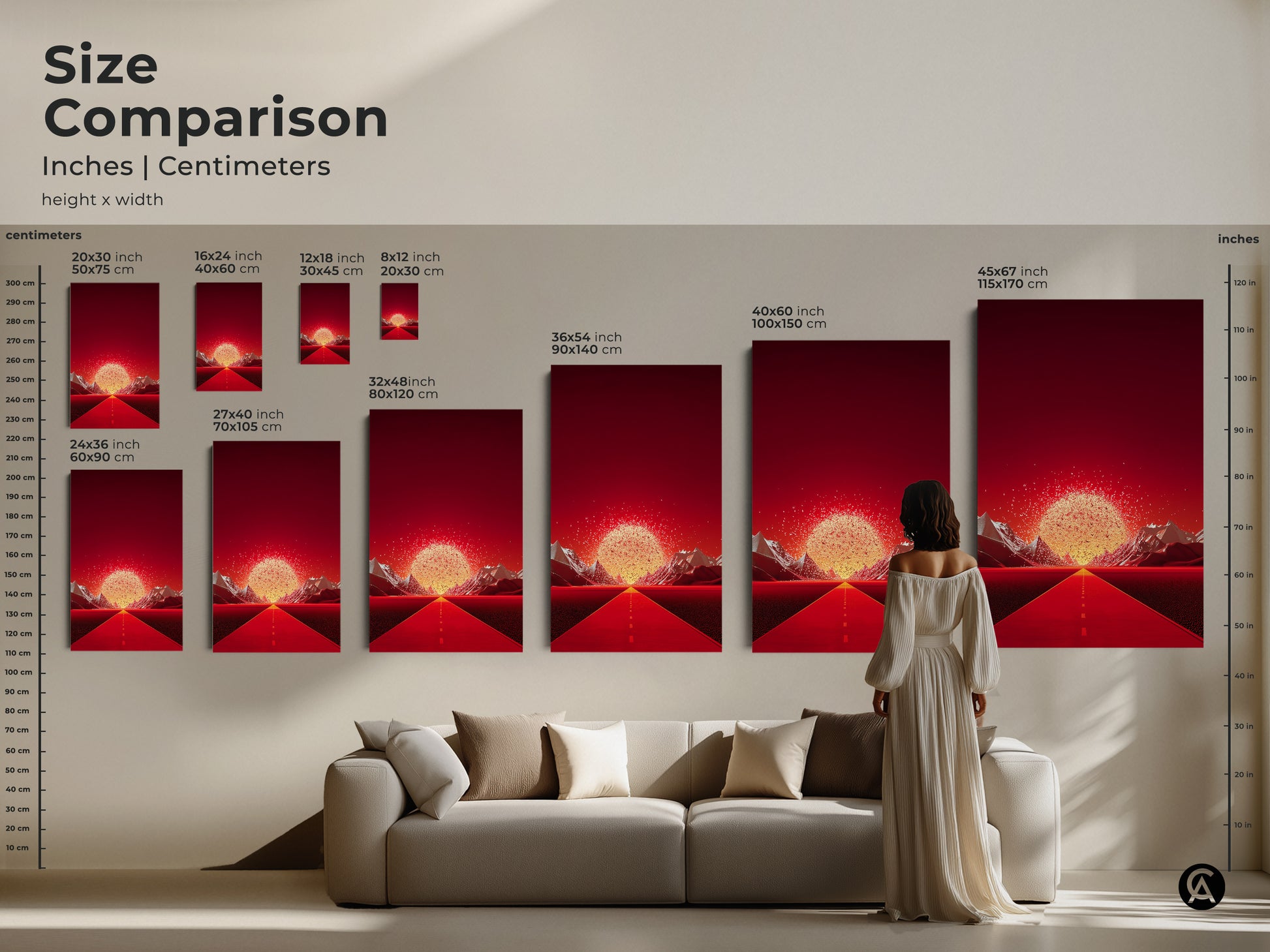 Size comparison of the crimson road wall art. It shows different sizes displayed above a sofa. The surreal mountain canvas fits any room. Visualize the gold abstract landscape in your space. Choose the perfect contemporary entryway decor size. Enhance your home today.