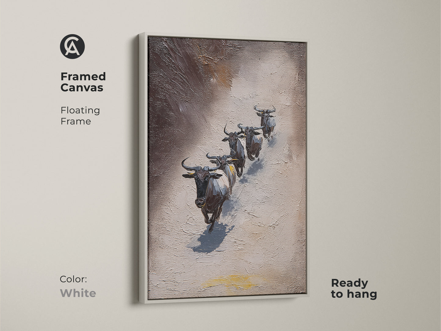 White Framed Canvas with Wildebeest artwork. The textured African wildlife canvas displays animals in an impressionistic style. Gray and brown tones bring a rustic charm. Ready to hang. This framed canvas is perfect for brightening up your home decor.