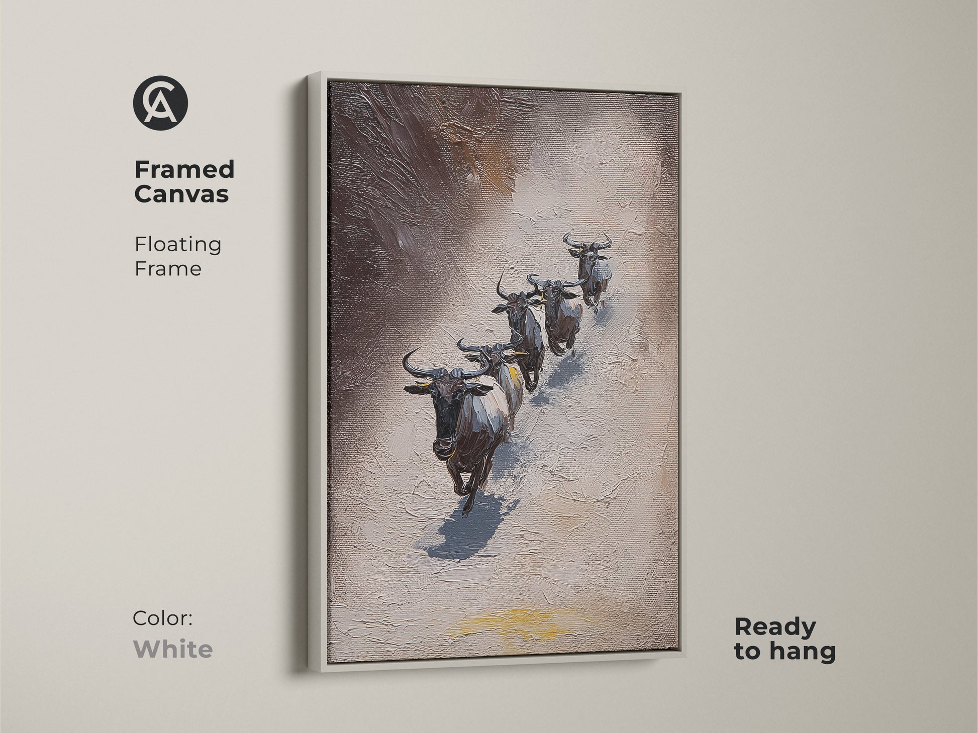 White Framed Canvas with Wildebeest artwork. The textured African wildlife canvas displays animals in an impressionistic style. Gray and brown tones bring a rustic charm. Ready to hang. This framed canvas is perfect for brightening up your home decor.