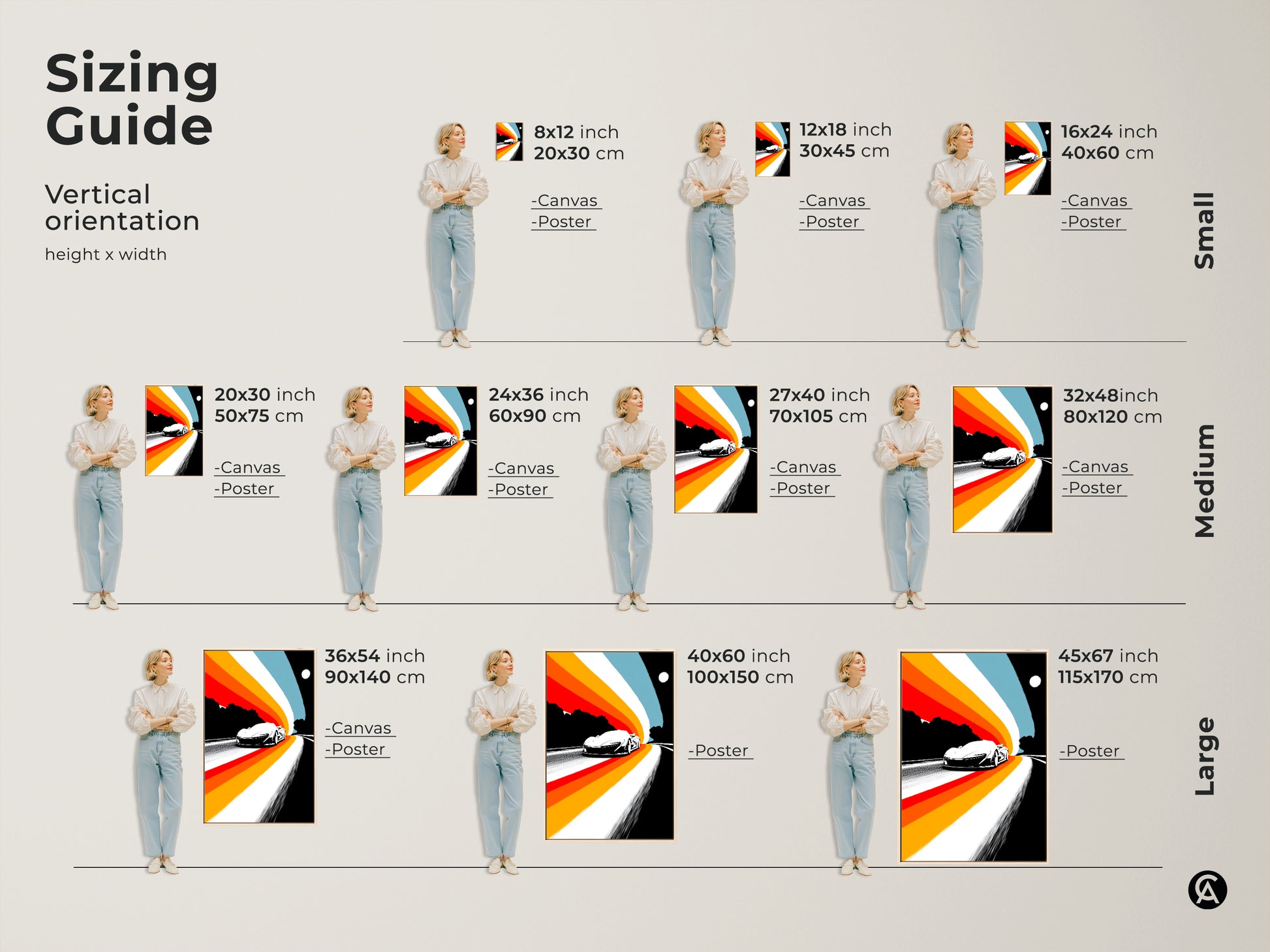 Sizing guide for vertical retro sports car canvas and poster prints. Available in small medium and large sizes. Find the ideal fit for your space. Add mid-century modern flair to any room with this abstract racing art.