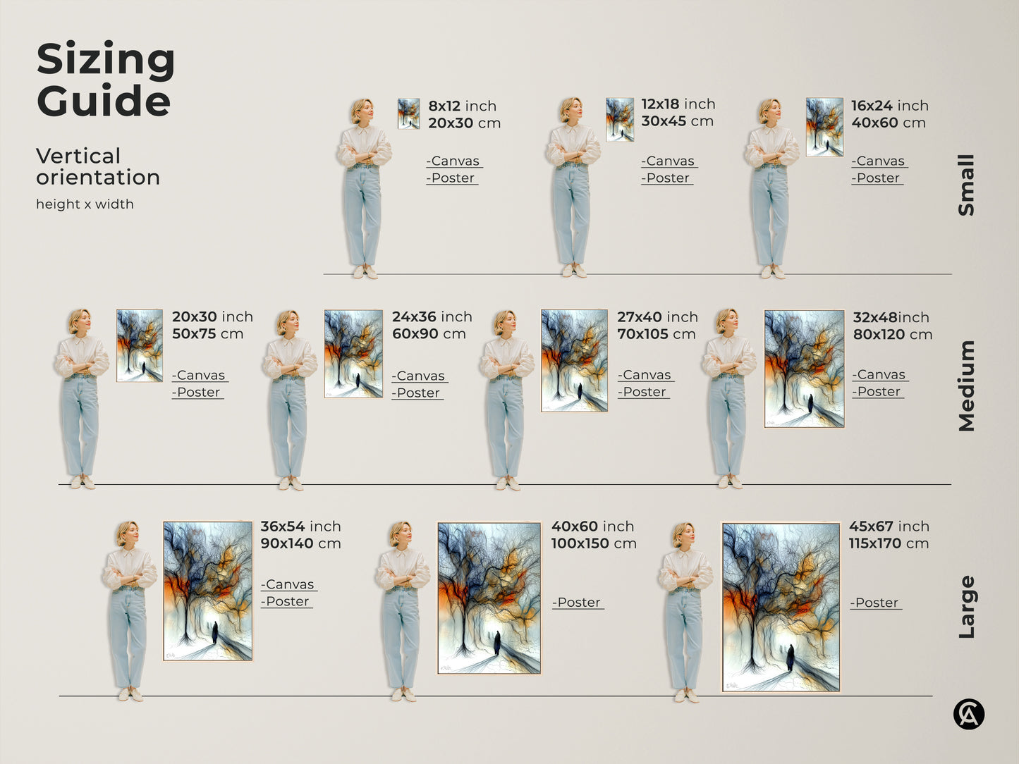Sizing guide for expressive tree landscape art. Available as canvas or poster. Sizes range from small to large. Find the perfect fit for abstract figurative art in orange and blue eclectic style.