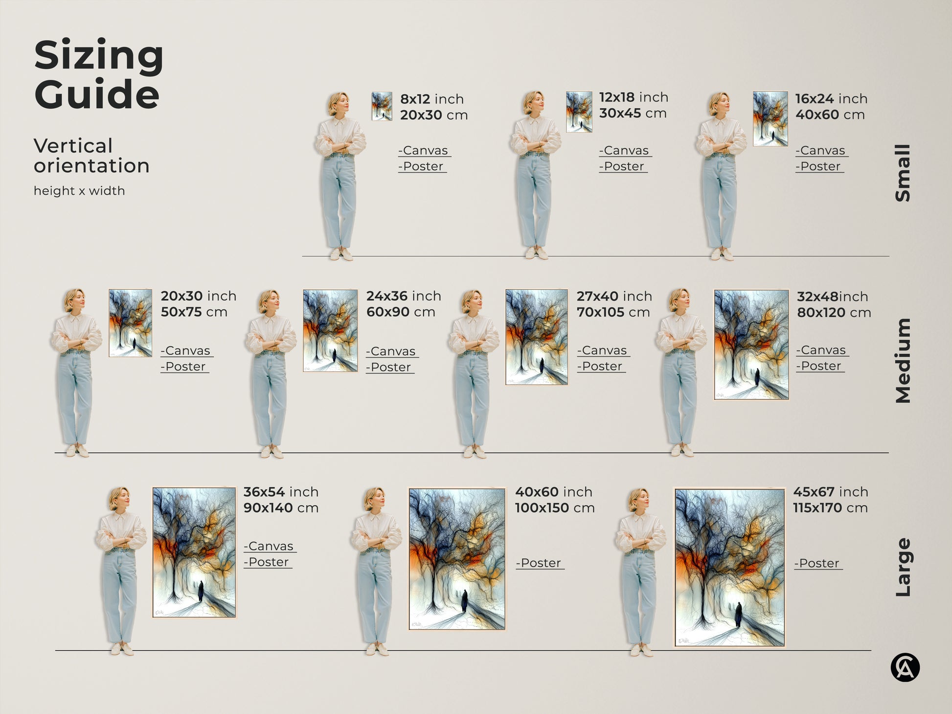 Sizing guide for expressive tree landscape art. Available as canvas or poster. Sizes range from small to large. Find the perfect fit for abstract figurative art in orange and blue eclectic style.