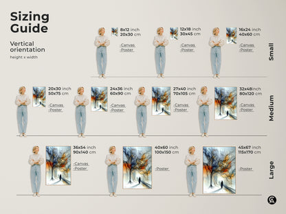 Sizing guide for expressive tree landscape art. Available as canvas or poster. Sizes range from small to large. Find the perfect fit for abstract figurative art in orange and blue eclectic style.