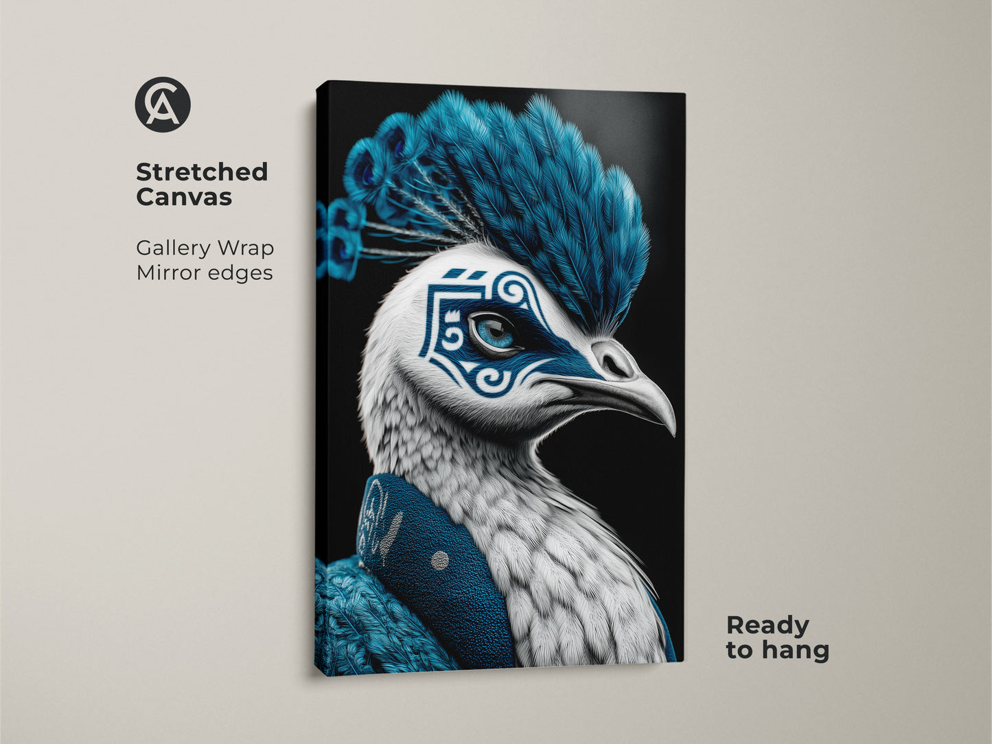 A stretched canvas displays surreal animal bird art. The peacock mask print features electric blue tones. It's a ready-to-hang gallery wrap that brings an ornate fantasy vibe to any room.