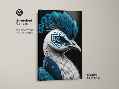 A stretched canvas displays surreal animal bird art. The peacock mask print features electric blue tones. It's a ready-to-hang gallery wrap that brings an ornate fantasy vibe to any room.
