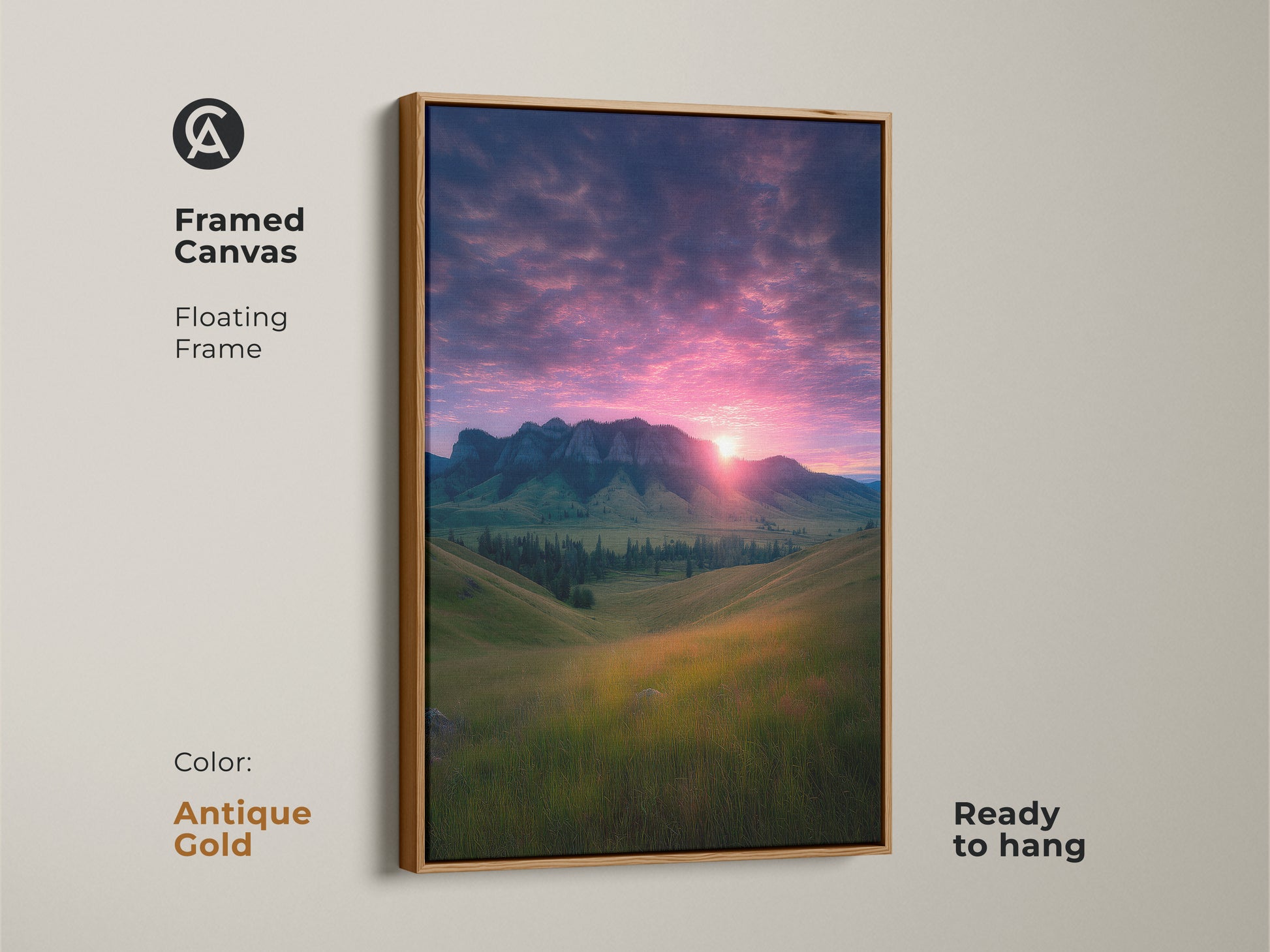 Framed canvas displays a mountain sunset with a floating antique gold frame. This nature landscape decor is ready to hang. This photorealistic art features rolling hills and a dramatic pink gold sky. This piece suits modern farmhouse aesthetic. It is a perfect gift for hikers and outdoor enthusiasts.