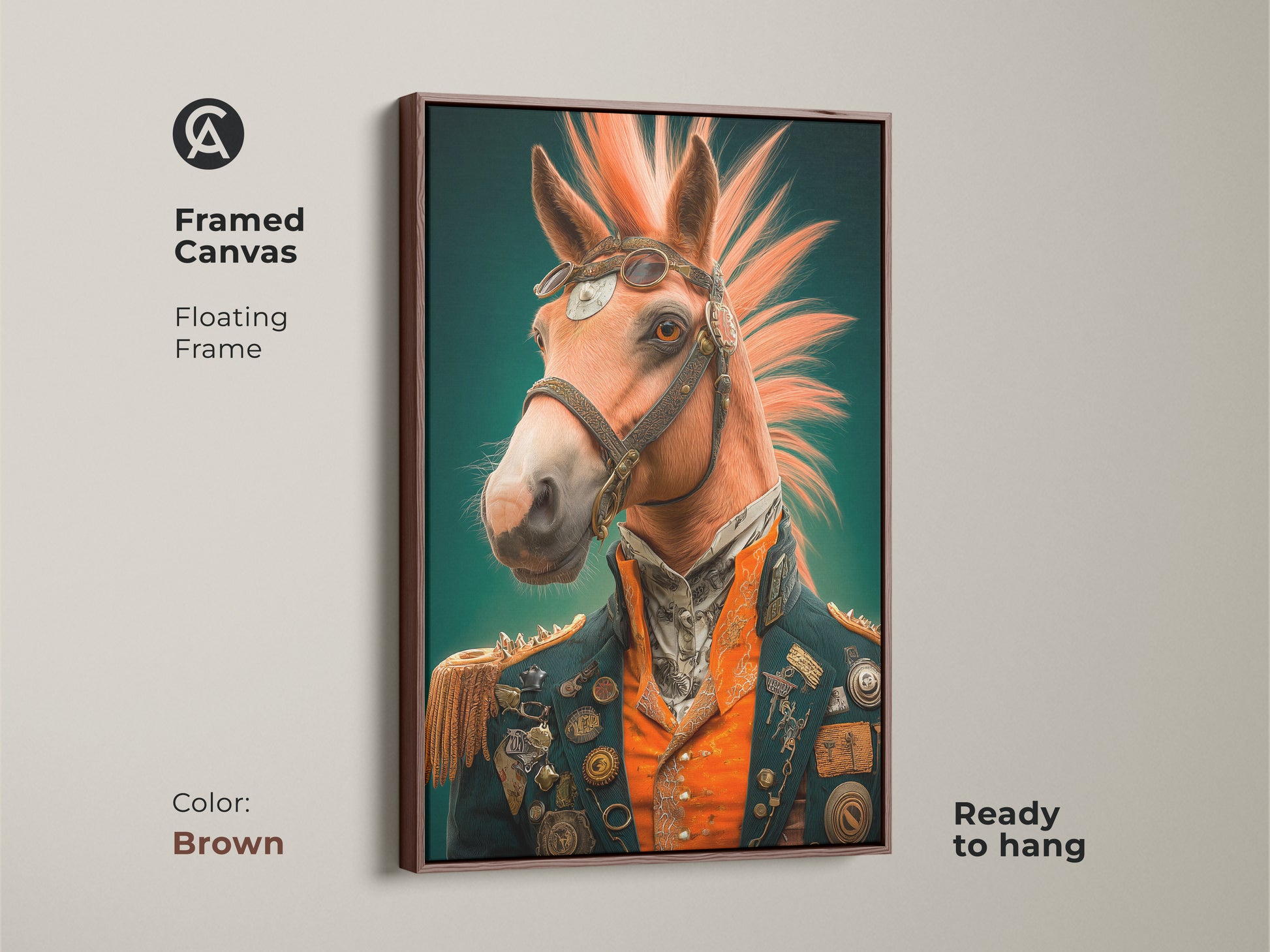 Framed canvas of a steampunk horse artwork with a floating brown frame. Ready to hang the victorian-era artwork offers a retrofuturistic feel. It adds a unique touch to any space.
