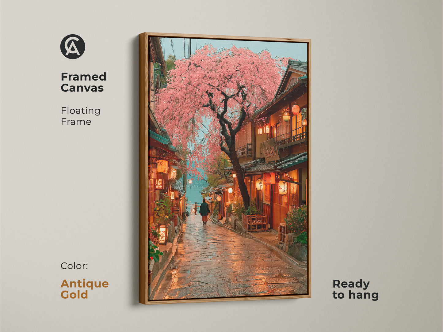 Antique gold framed canvas print featuring a Japanese street with a vibrant pink cherry blossom tree. This travel wall artwork adds an eclectic touch to any home. Ready to hang this piece is a unique housewarming gift. The golden frame complements the traditional Japanese architecture for any room.
