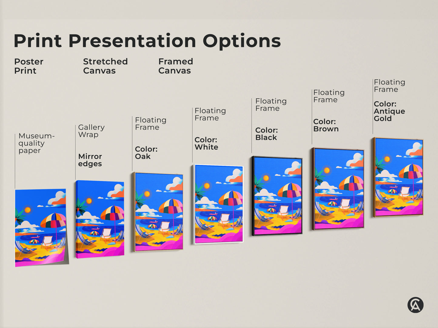 Explore print presentation options for vibrant beach scene artwork. Choose from poster prints stretched canvas and framed canvas. Select a floating frame in black brown white oak or antique gold. Find the perfect style to match your decor and bring the beauty of the beach to your walls. Museum-quality paper is used.