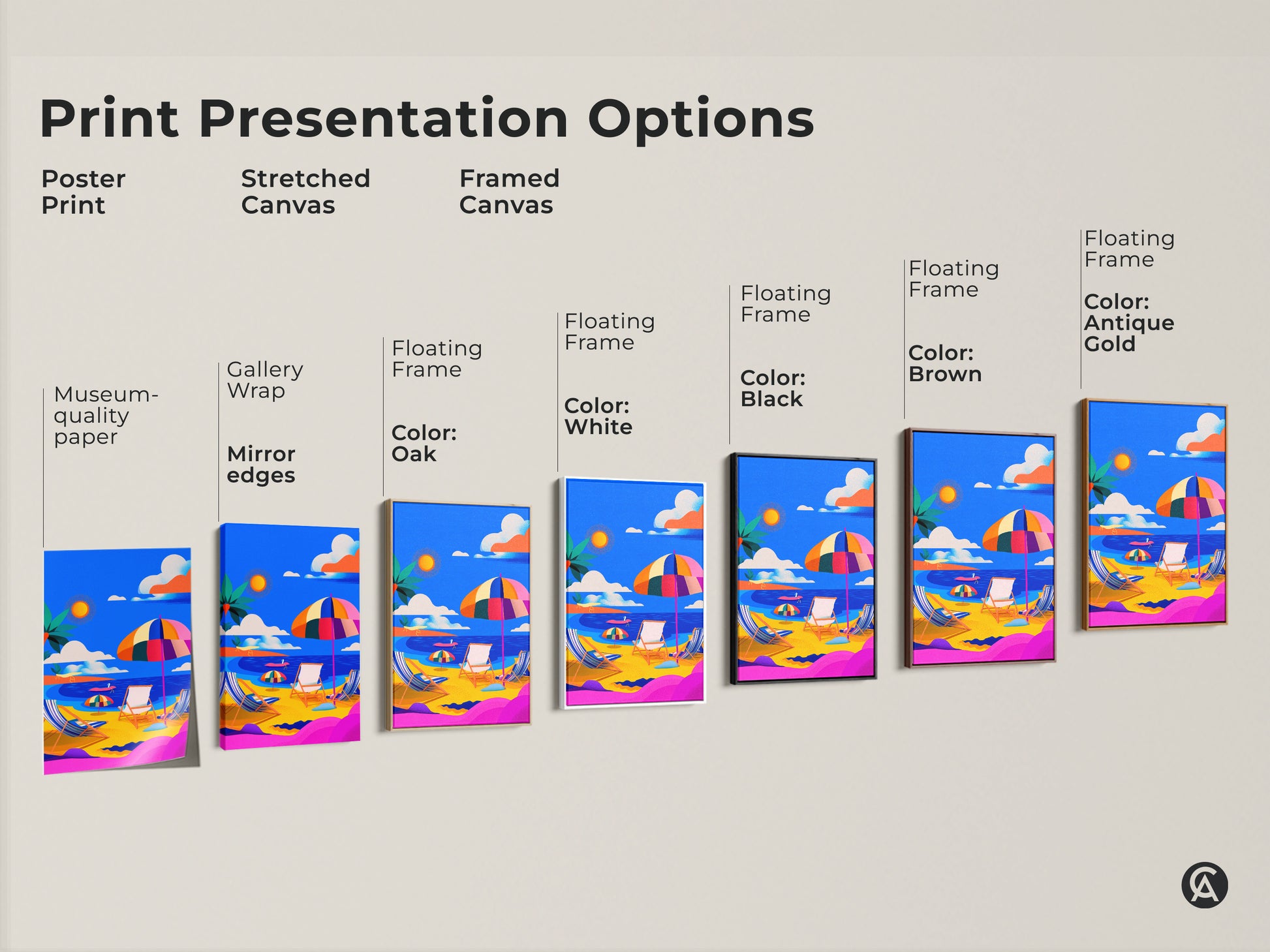 Explore print presentation options for vibrant beach scene artwork. Choose from poster prints stretched canvas and framed canvas. Select a floating frame in black brown white oak or antique gold. Find the perfect style to match your decor and bring the beauty of the beach to your walls. Museum-quality paper is used.