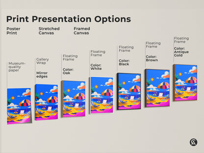 Explore print presentation options for vibrant beach scene artwork. Choose from poster prints stretched canvas and framed canvas. Select a floating frame in black brown white oak or antique gold. Find the perfect style to match your decor and bring the beauty of the beach to your walls. Museum-quality paper is used.