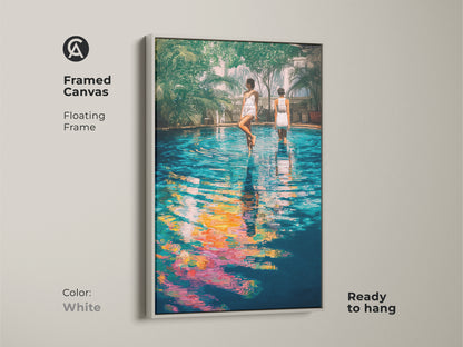 This framed canvas is white and portrays a poolside scene with women. The teal yellow and blue tones create a vibrant artwork perfect for a contemporary house. It is ready to hang.