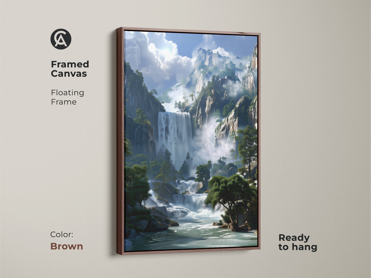 Framed canvas showcasing a stunning mountain waterfall. The brown floating frame complements the blue green landscape. This nature wall decor is ready to hang bringing rustic charm to your living space or bedroom.