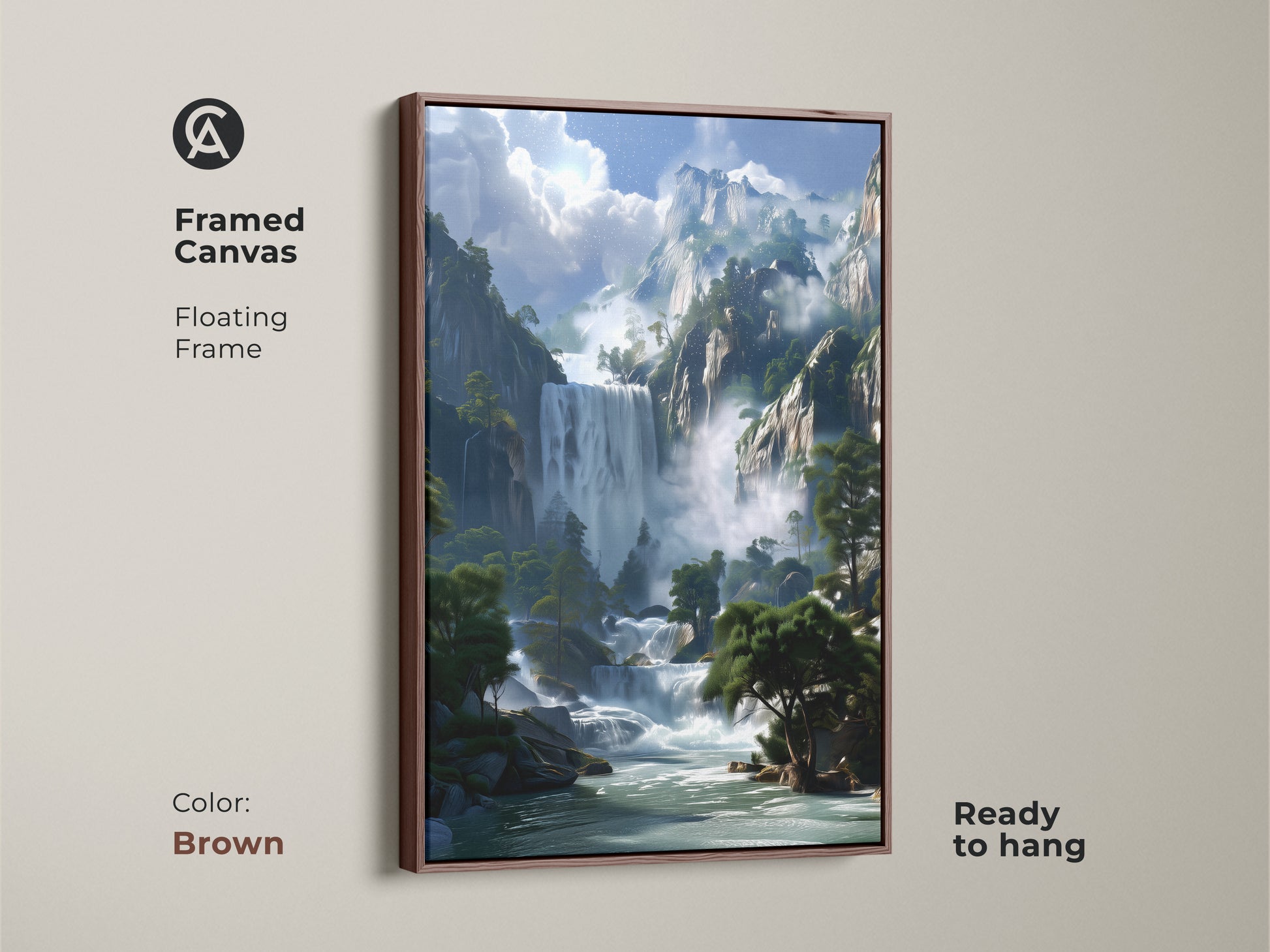 Framed canvas showcasing a stunning mountain waterfall. The brown floating frame complements the blue green landscape. This nature wall decor is ready to hang bringing rustic charm to your living space or bedroom.