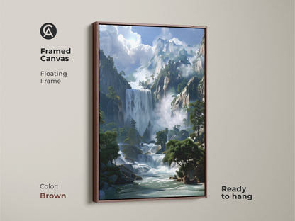 Framed canvas showcasing a stunning mountain waterfall. The brown floating frame complements the blue green landscape. This nature wall decor is ready to hang bringing rustic charm to your living space or bedroom.