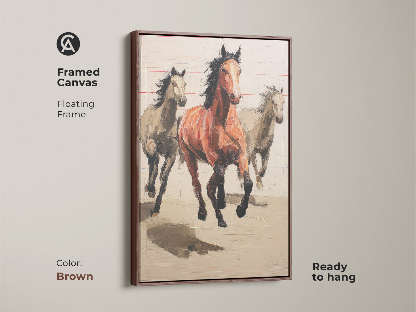 Framed canvas with a brown floating frame showcasing running horses artwork. Expressionist painting in terracotta tones makes an equestrian gift. Ideal rustic bedroom art print.