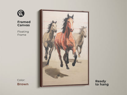 Framed canvas with a brown floating frame showcasing running horses artwork. Expressionist painting in terracotta tones makes an equestrian gift. Ideal rustic bedroom art print.
