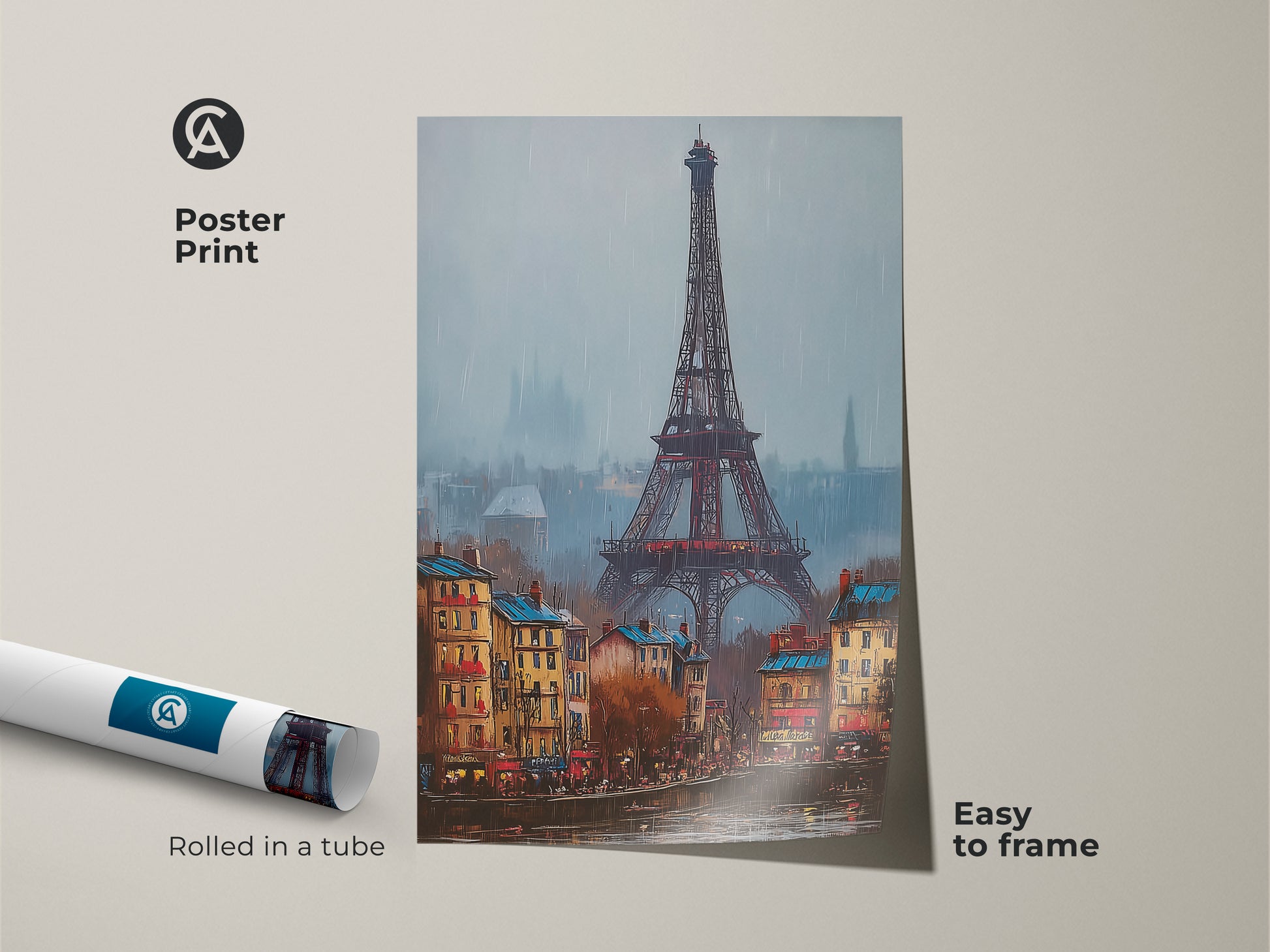 Poster Print of the Eiffel Tower. Rolled and shipped in a protective tube. Easy to frame for any room or space. Great for Paris lovers looking for simple art. The poster captures the essence of Parisian architecture.