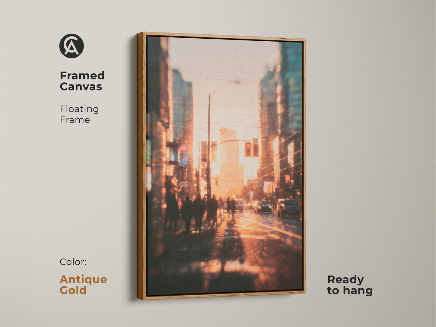 Framed canvas art showcasing a blurred urban landscape at sunset. The antique gold floating frame adds a touch of elegance. The artwork captures the energy of city life with pedestrians and cars. Ready to hang and transform your space with this beautiful piece.