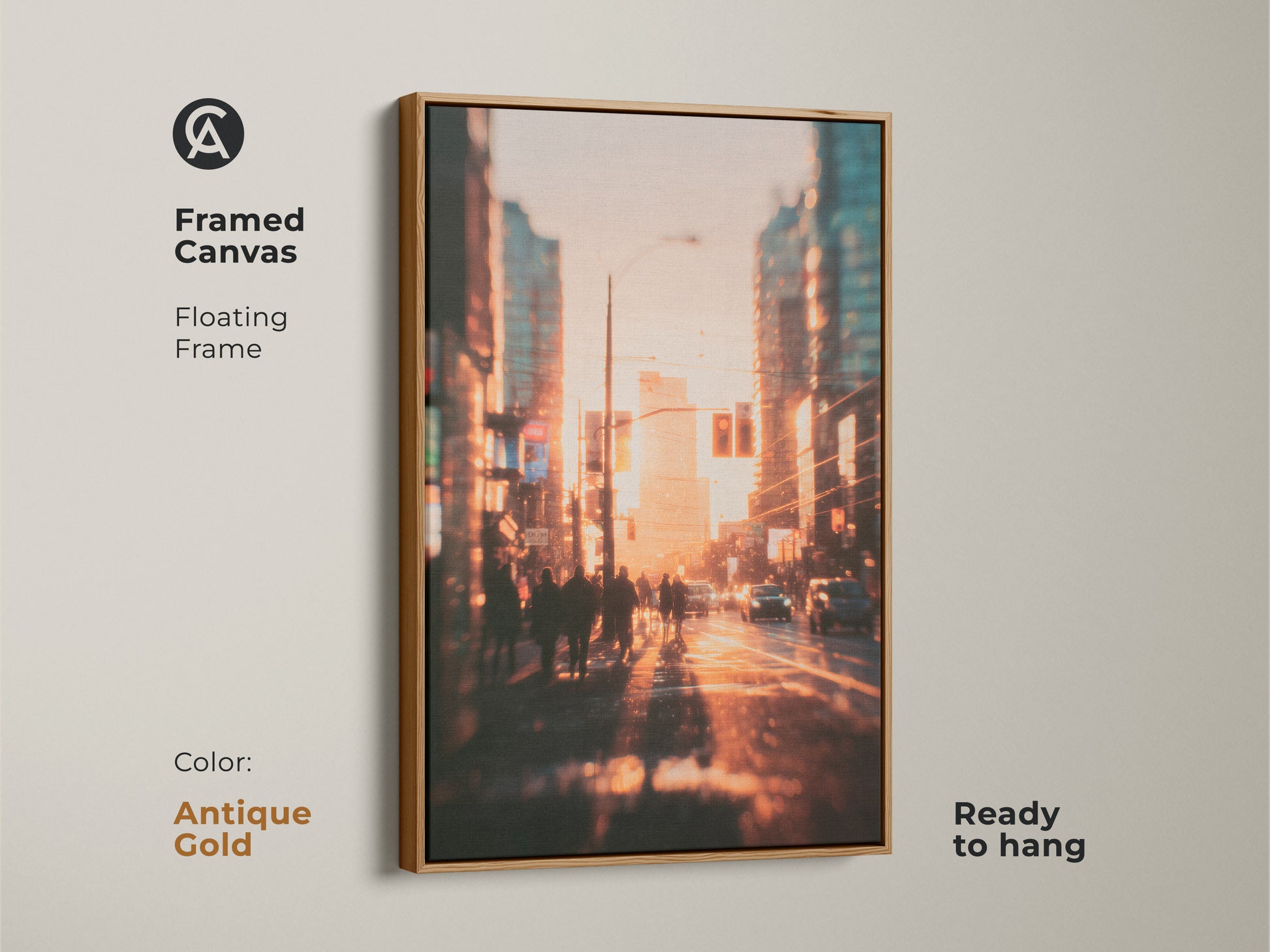 Framed canvas art showcasing a blurred urban landscape at sunset. The antique gold floating frame adds a touch of elegance. The artwork captures the energy of city life with pedestrians and cars. Ready to hang and transform your space with this beautiful piece.