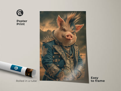 Framed Canvas in Black featuring a regal pig aristocrat. Gothic fantasy pig art with a floating frame is ready to hang. This animal portrait artwork is a perfect piece of eclectic study wall decor.