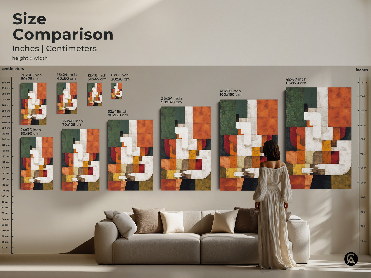 Size Comparison for Mid-Century Modern Art. See how different sizes of this abstract geometric canvas print fit above a sofa. Available in inches and centimeters. Perfect for art collectors and those seeking unique office decor.
