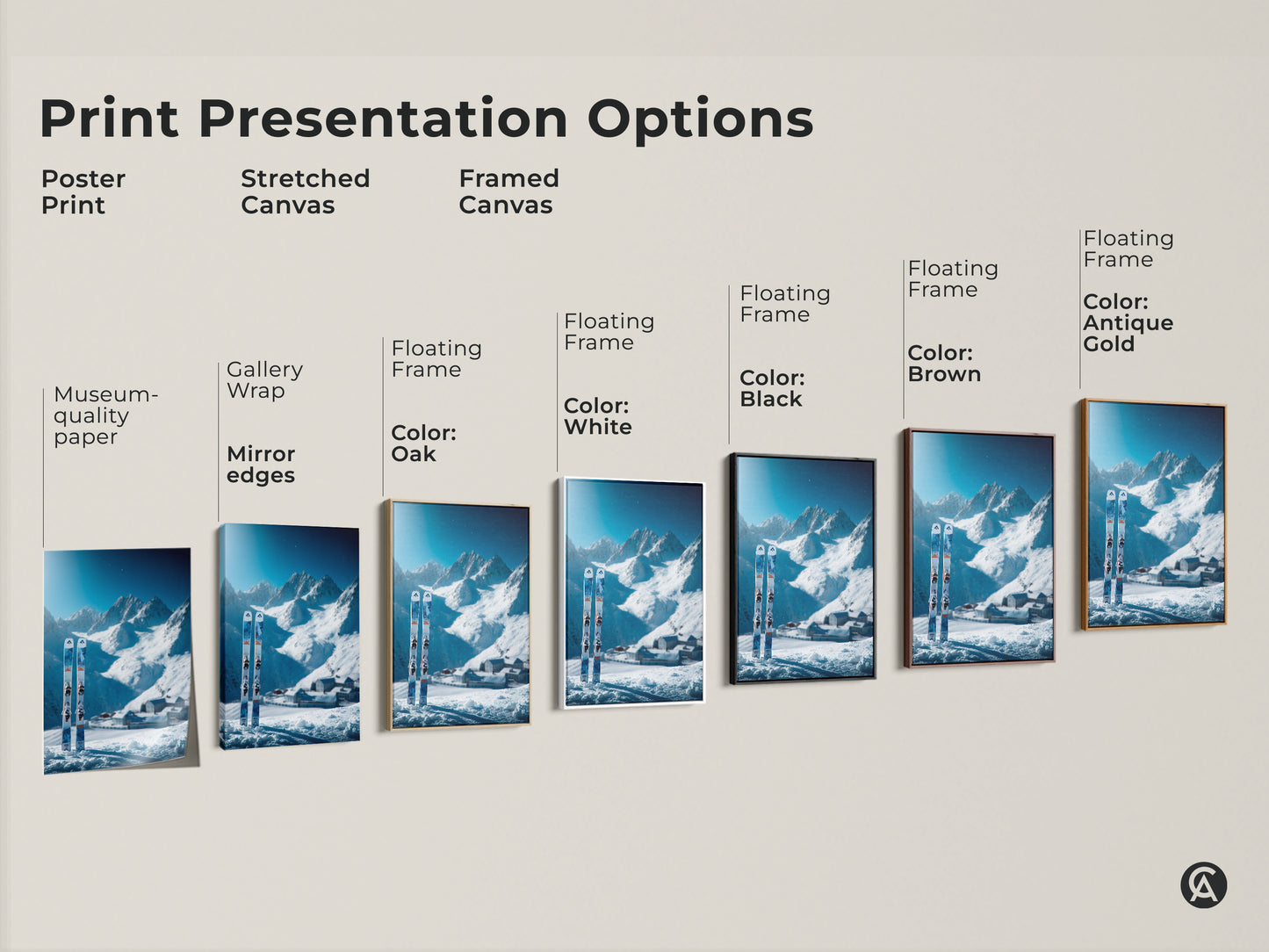 Print presentation options for ski art. The artwork is a winter mountain scene. Options include poster print stretched canvas and framed canvas. Find the perfect ski art print for you.