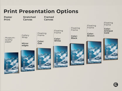 Print presentation options for ski art. The artwork is a winter mountain scene. Options include poster print stretched canvas and framed canvas. Find the perfect ski art print for you.
