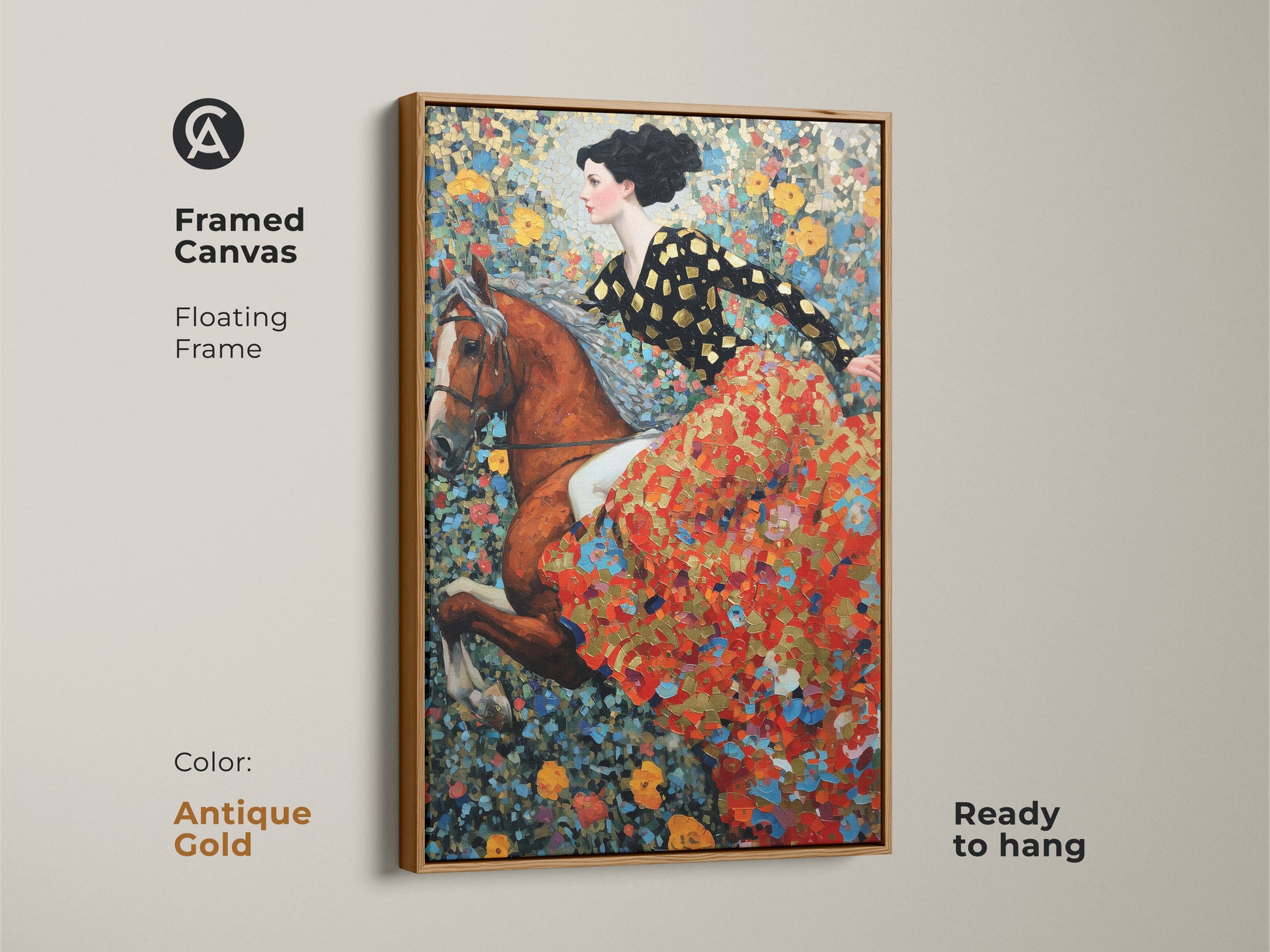Framed canvas art depicting a woman on horseback with a floral background. The floating frame is antique gold and ready to hang. This art nouveau piece features red gold and blue tones. A unique wall hanging for horse lovers. Enhance your home decor with this art.