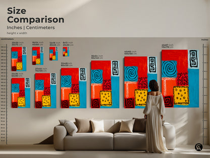 Compare sizes of this red orange and blue abstract canvas art. Featuring tribal symbols and a spiral motif the artwork is displayed in inches and centimeters. See how the geometric painting complements any room. Enhance your home with a striking statement piece and eclectic modern wall decor.
