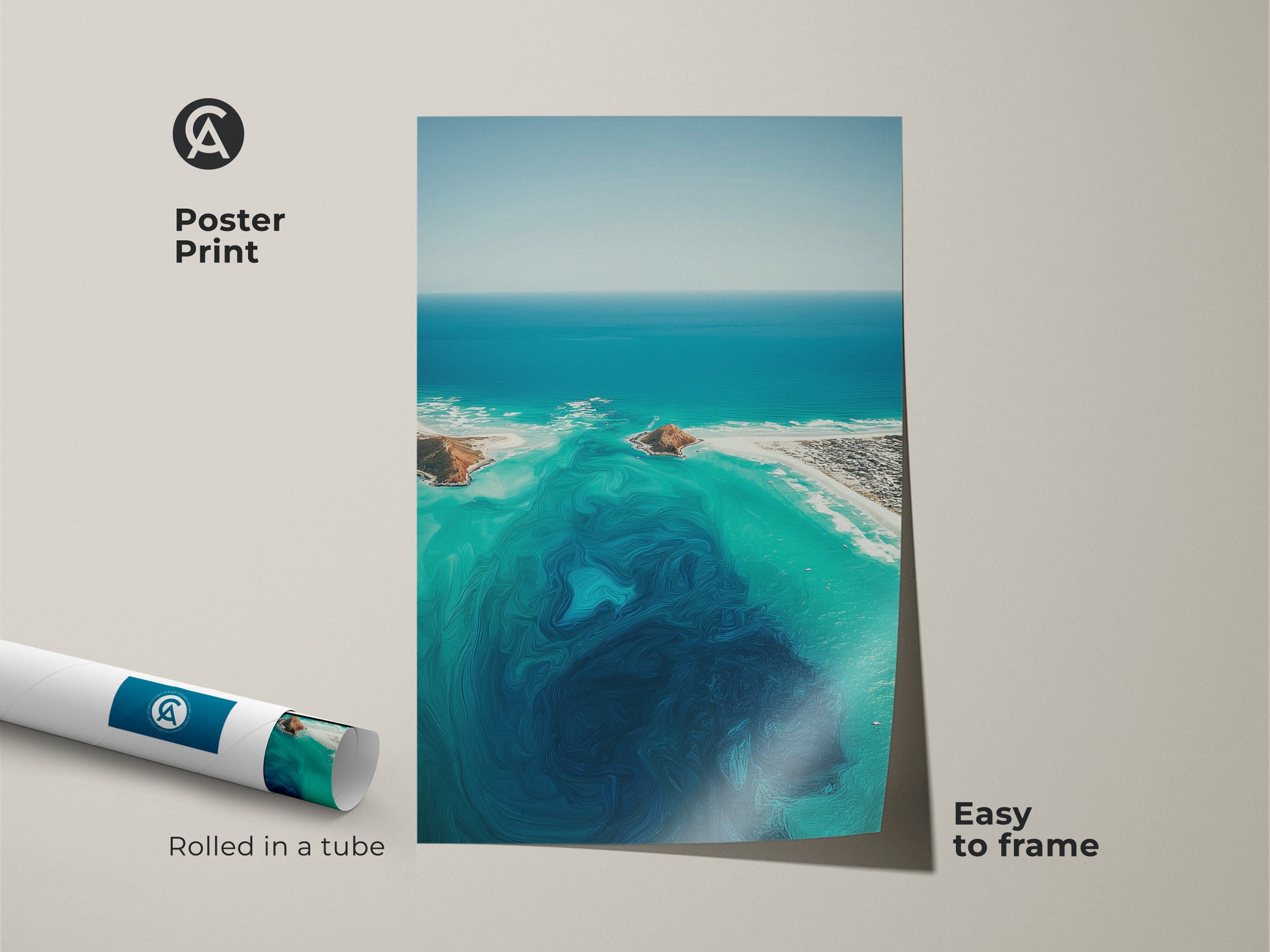 Poster print of an abstract ocean view. This turquoise aerial artwork features a coastal landscape. It showcases deep blue swirls. The aqua beach house decor is easy to frame and display.