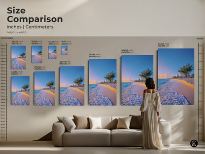 Size Comparison displays Sky Blue Aqua Beach artwork in various sizes. Visualize how the tropical palm tree canvas fits in your space. See the scale of the coastal home decor art relative to furniture. This ocean wave art print makes a stunning residential wall art canvas.