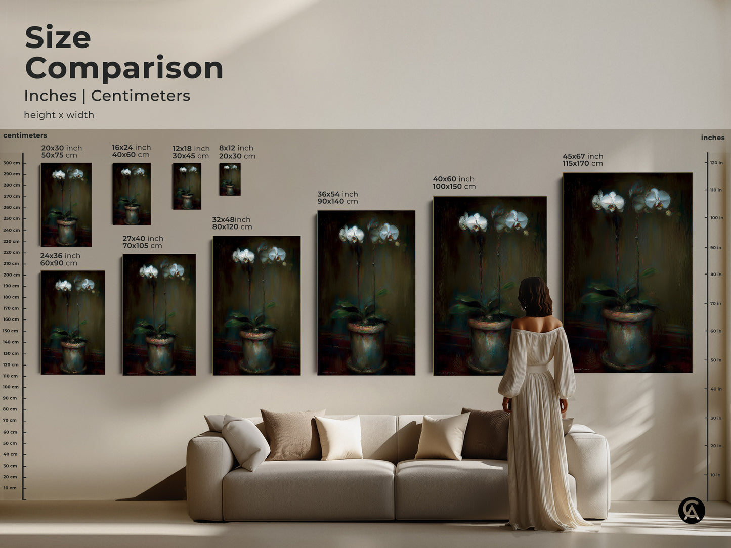 Size comparison of the emerald green orchid artwork in inches and centimeters. Various sizes displayed above a sofa with a woman in the scene for perspective. This contemporary botanical print makes a statement. Perfect for modern home decor.