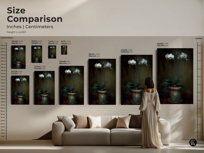 Size comparison of the emerald green orchid artwork in inches and centimeters. Various sizes displayed above a sofa with a woman in the scene for perspective. This contemporary botanical print makes a statement. Perfect for modern home decor.
