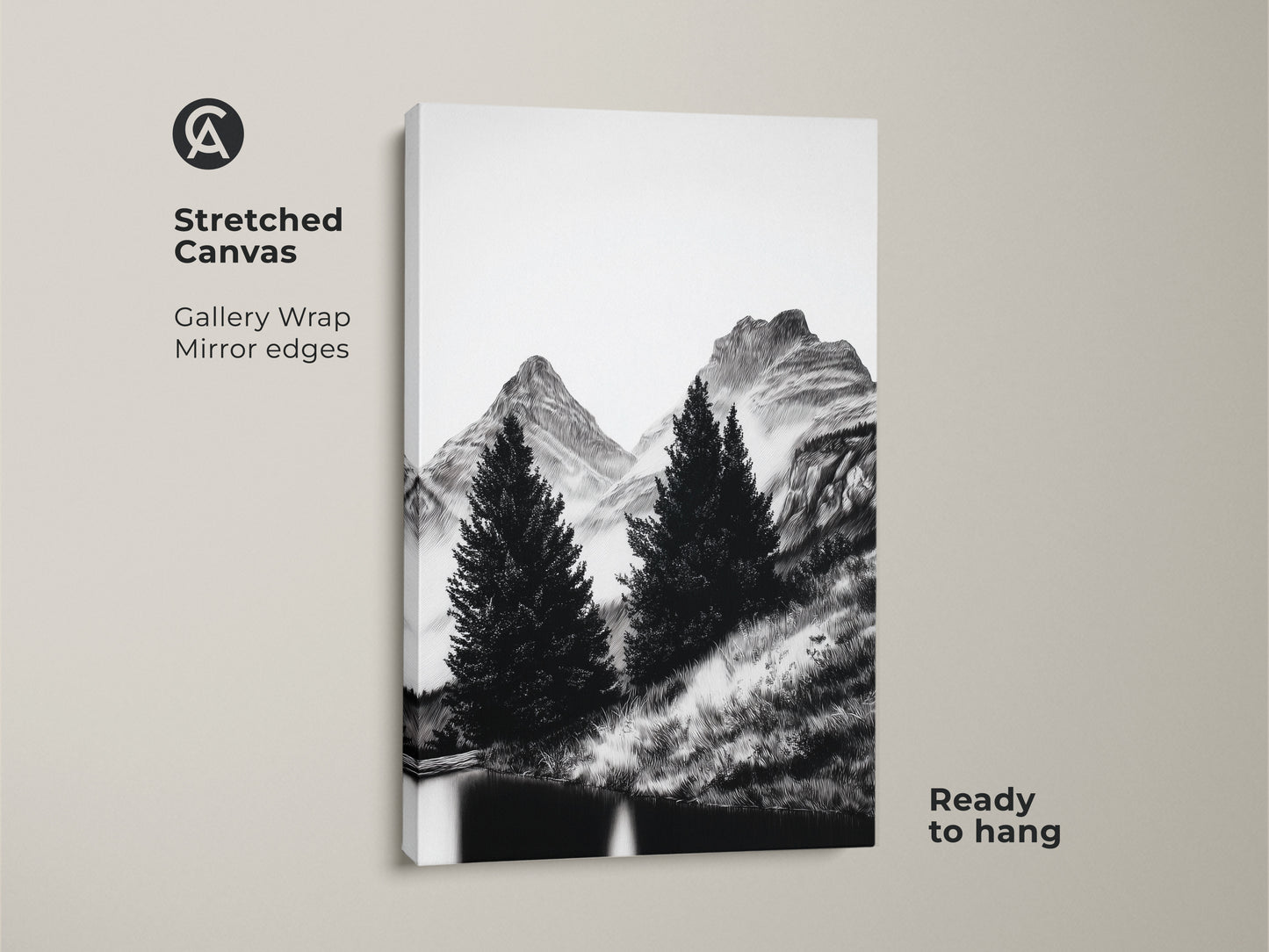 Minimalist mountain wall art printed on a stretched canvas. This black and white canvas print displays a nature landscape art of pine trees and mountains. Ready to hang this monochrome home decor brings scenic nature indoors perfect for outdoor adventure lovers.