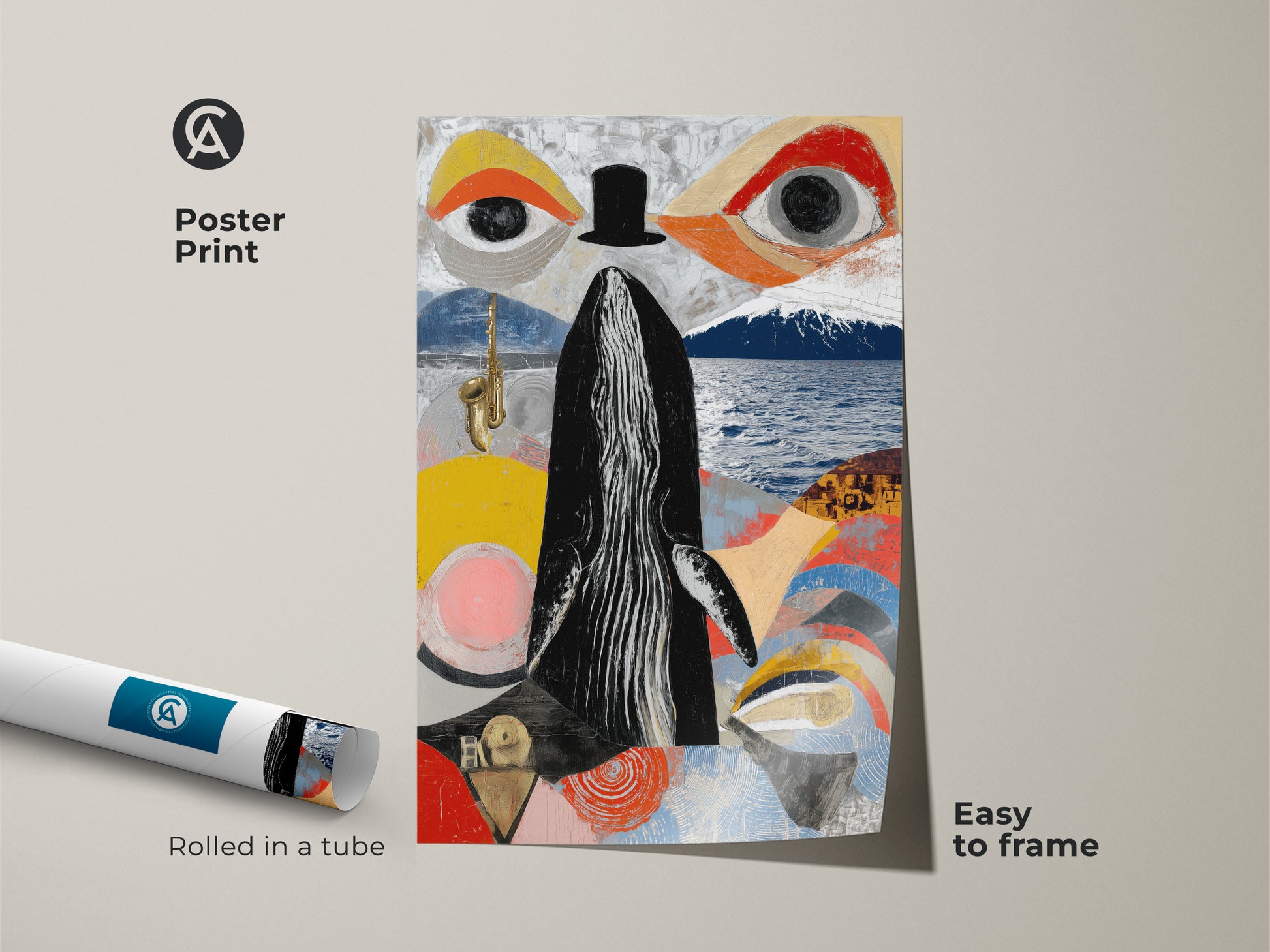 Poster print of a surreal whale saxophone artwork. The eclectic abstract collage features black red yellow colors. It is easy to frame. Perfect study room office art and a unique gift for music enthusiasts. The rolled in a tube format ensures safe delivery.