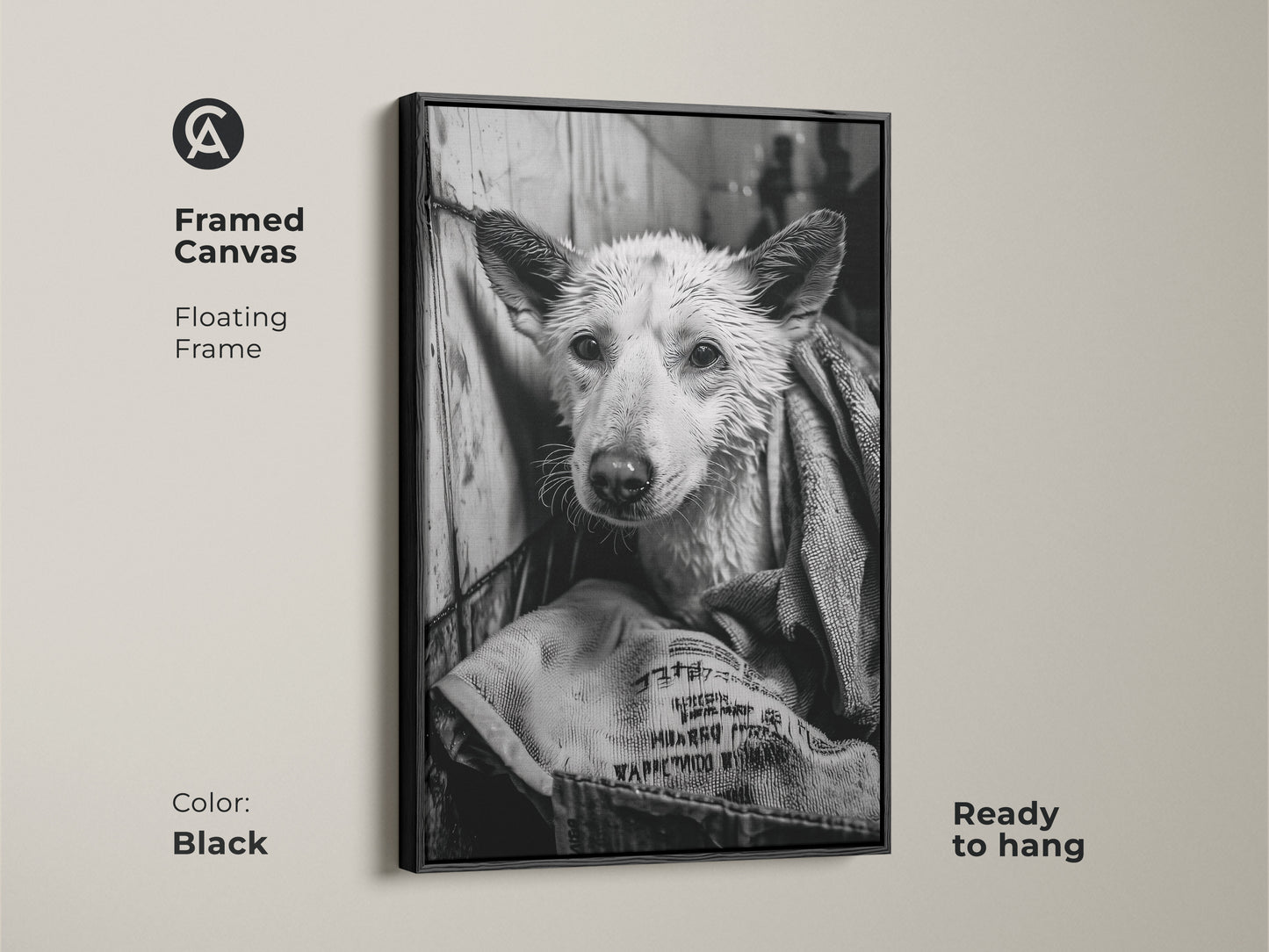 Framed canvas art in black featuring a wet dog. The floating frame adds a modern touch. This ready-to-hang monochrome artwork is perfect for dog lovers. The canine art piece is a great addition to any home. This unique piece is a stylish decor choice.