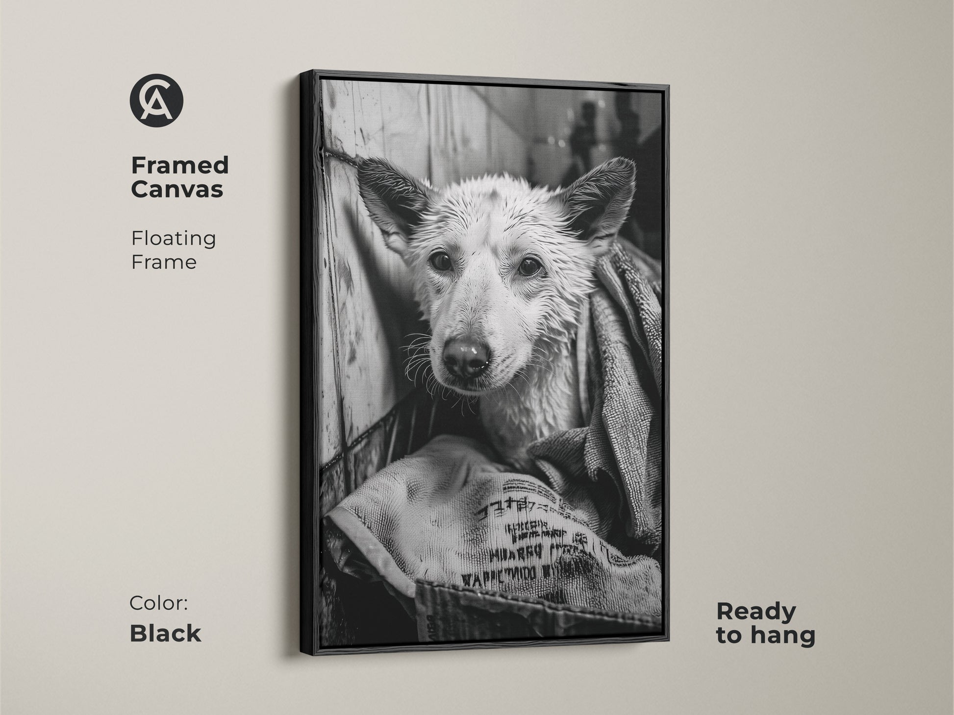 Framed canvas art in black featuring a wet dog. The floating frame adds a modern touch. This ready-to-hang monochrome artwork is perfect for dog lovers. The canine art piece is a great addition to any home. This unique piece is a stylish decor choice.