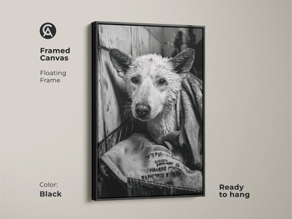 Framed canvas art in black featuring a wet dog. The floating frame adds a modern touch. This ready-to-hang monochrome artwork is perfect for dog lovers. The canine art piece is a great addition to any home. This unique piece is a stylish decor choice.