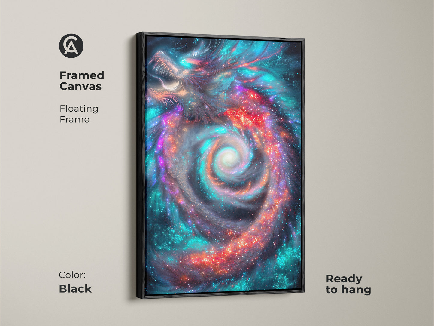 Framed canvas featuring cosmic dragon art. The floating frame enhances the fantasy galaxy nebula wall art. The sci-fi dragon decor is ready to hang. Black frame color. The mythical creature art adds depth.