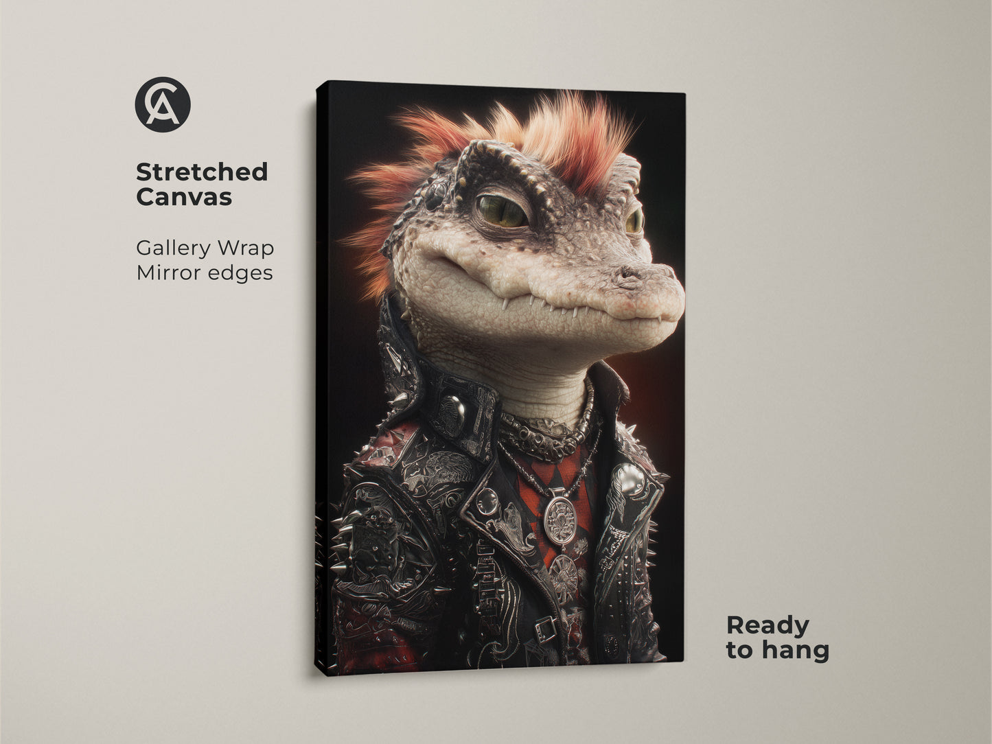 A stretched canvas Punk Alligator art piece ready to hang. This gallery wrapped art features a mirror edge adding depth. The artwork is great for music lovers. Gothic reptile wall art with punk rocker flair. Great Man Cave canvas print.