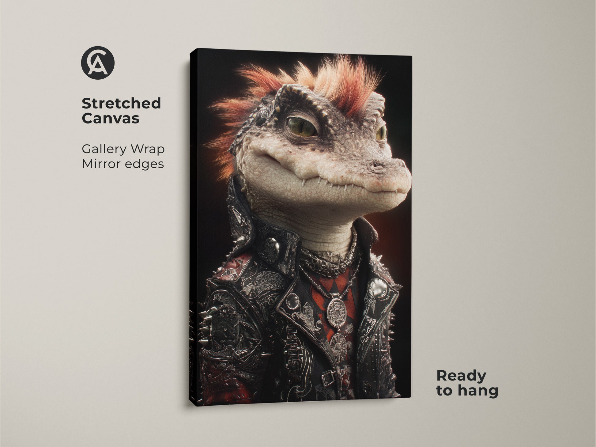 A stretched canvas Punk Alligator art piece ready to hang. This gallery wrapped art features a mirror edge adding depth. The artwork is great for music lovers. Gothic reptile wall art with punk rocker flair. Great Man Cave canvas print.
