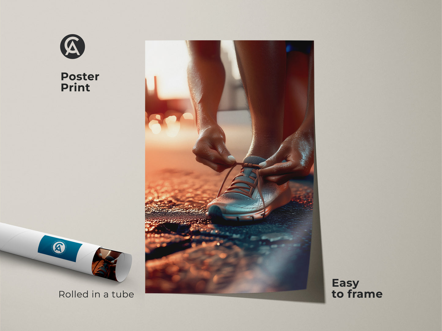 Poster print of a runner tying their running shoe. This motivational fitness art is rolled in a tube for easy framing. The action sports photography captures a contemporary style. Perfect for office or bedroom motivation wall art.