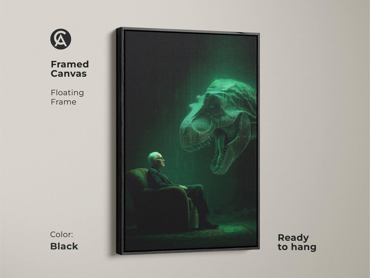 Enhance your space with this framed canvas art. A man gazes at a luminous T-Rex head. The floating frame adds depth. It comes ready to hang. The black frame enhances the artwork's modern appeal. Get yours today.