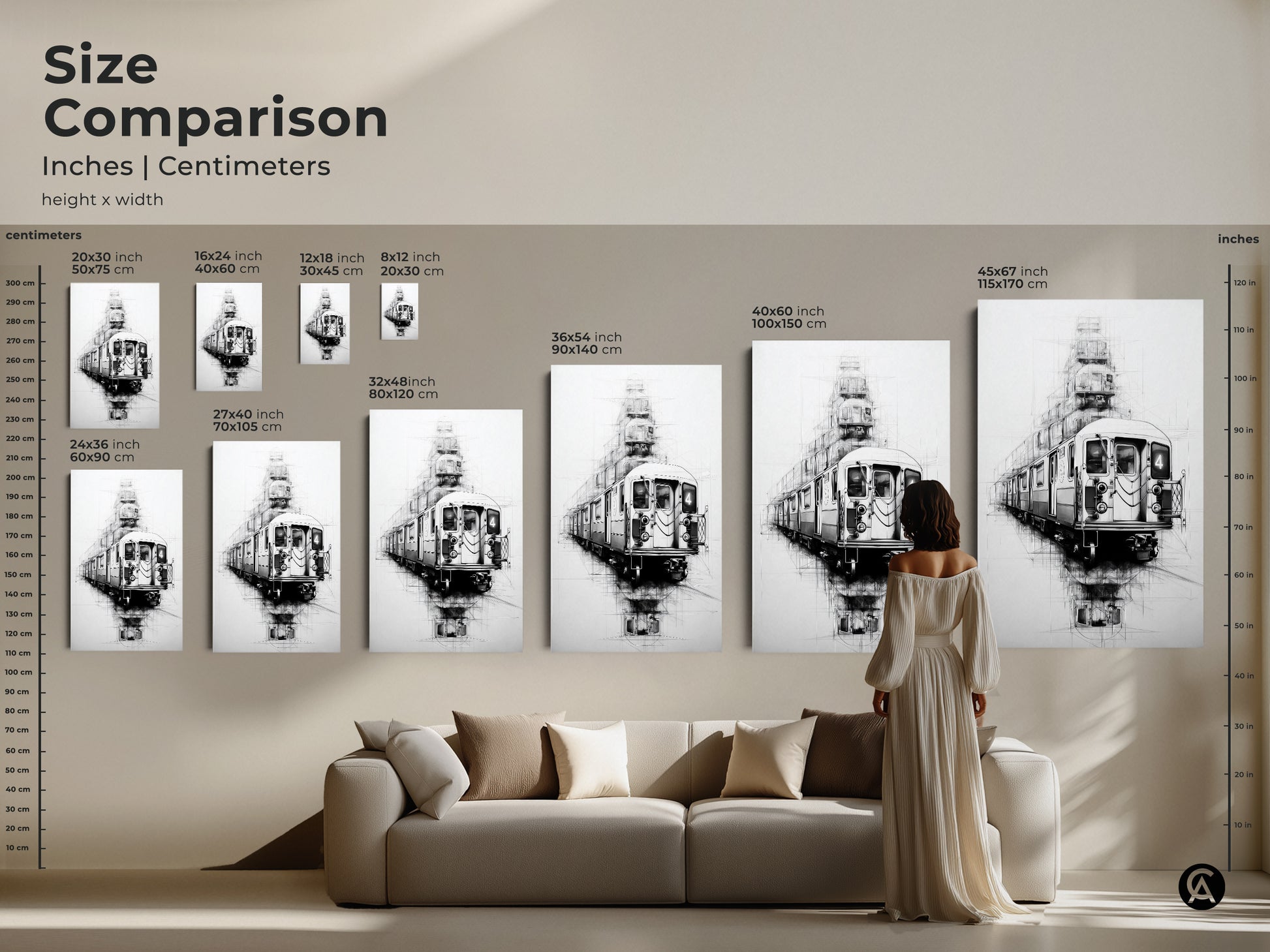 Size comparison of urban sketch art prints showcasing dimensions for canvas and poster options. See how the subway train artwork fits various spaces. It adds industrial loft style and modern urban decor.