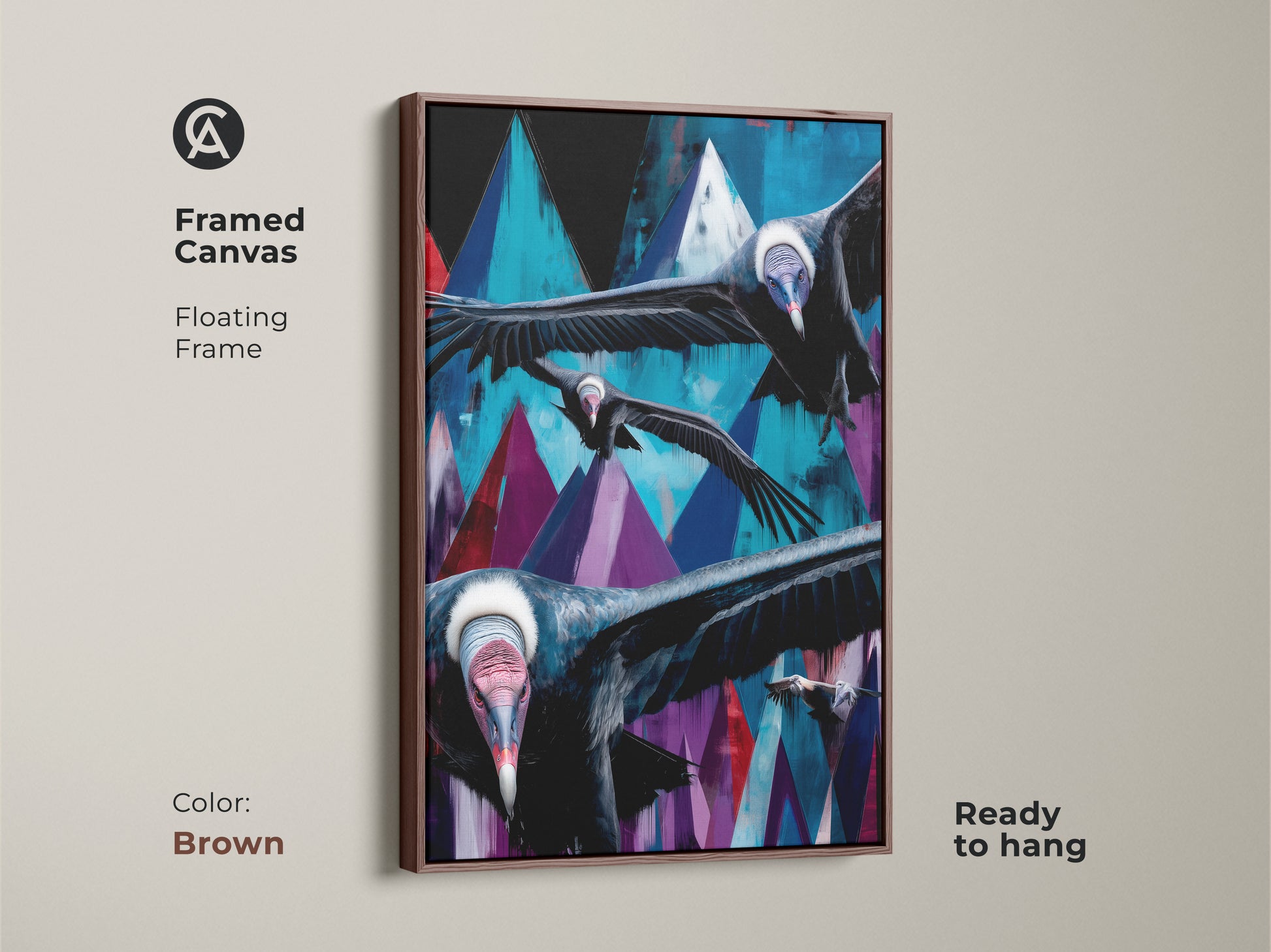 Framed canvas featuring abstract vultures. The birds soar over geometric mountains in teal blue and purple. A brown floating frame complements this eclectic wall accent. The nature inspired artwork is ready to hang.